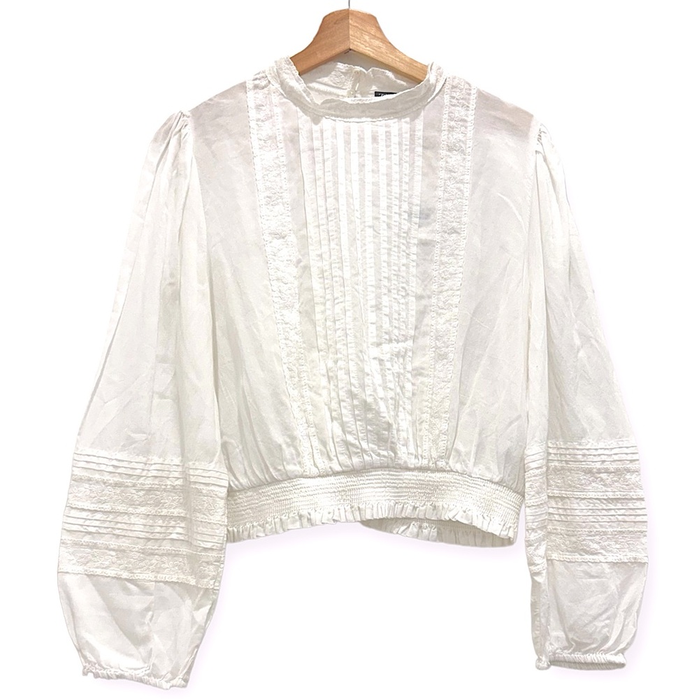 Zara shirt womens extra large white balloon puffy sleeve embroidered rose pleats